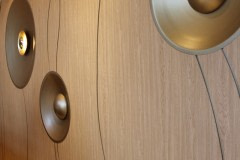 This installation was a new custom wall built for a four-star hotel in the Raleigh-Durham area. Belbien architectural film was applied to the wall, and it was finished with handmade brass bowls and trim.